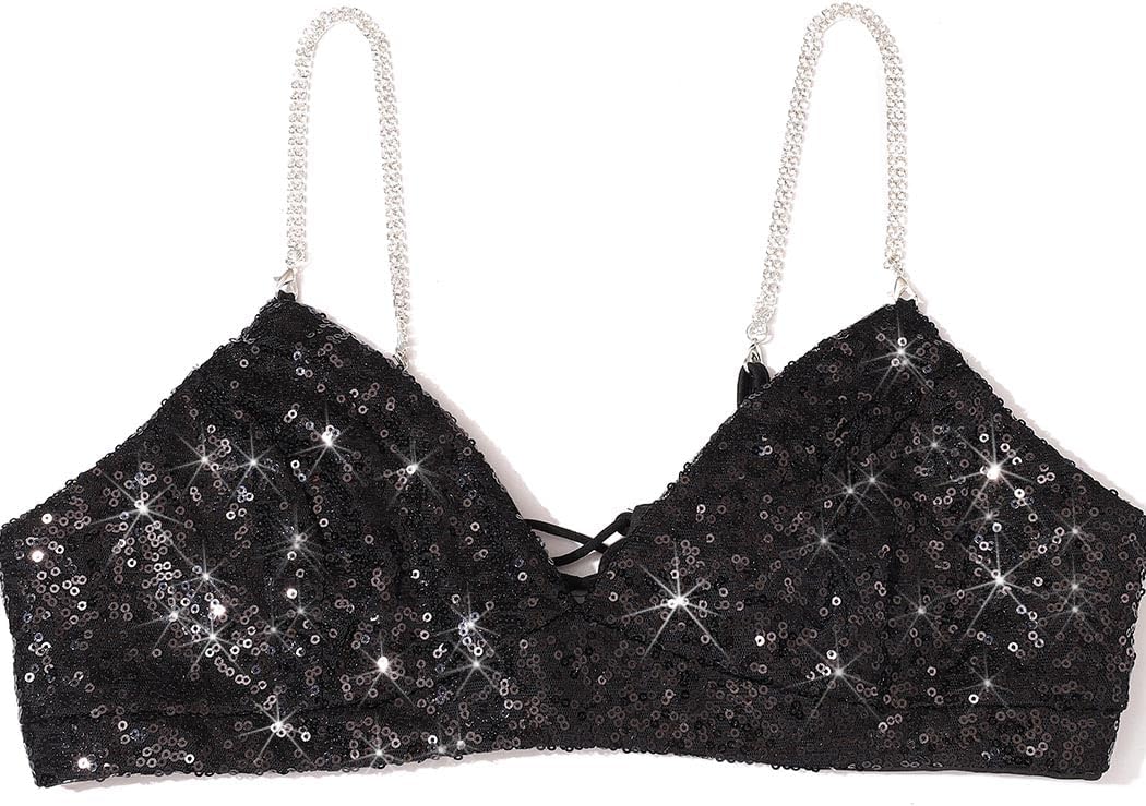 GRAEEN Sequin Spaghetti Strap Cami Tops Deep V Neck Crop Tops Glitter Sleeveless Tank Top Nightclub Costume Sequin Top