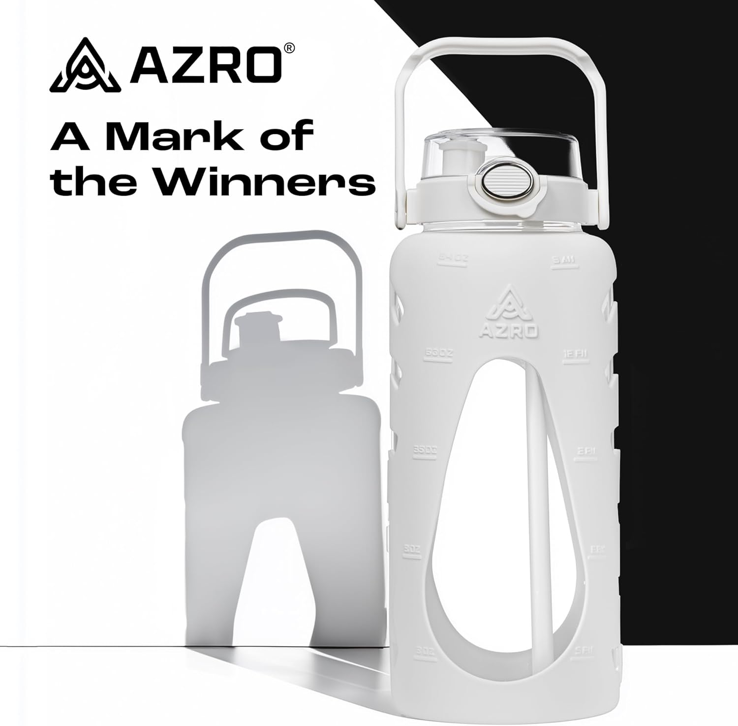 Azro 64 oz Water Bottle - Large Borosilicate Glass Water Bottle with Silicone Sleeve, Time & Volume Markers, Dual-Sip Straw + Wide-Mouth Leak-Proof Lid, Integrated Phone Holder, Cleaning Brush - White