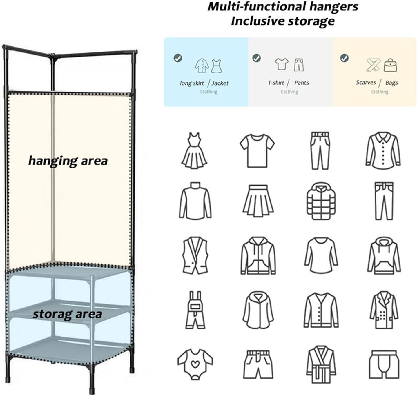 Freestanding Metal Corner Coat Rack with 3 Storage Shelves, Hooks & Thick Clothes Rod - Stylish Hall Tree for Entryway, Bedroom, Living Room & Home Office Organization