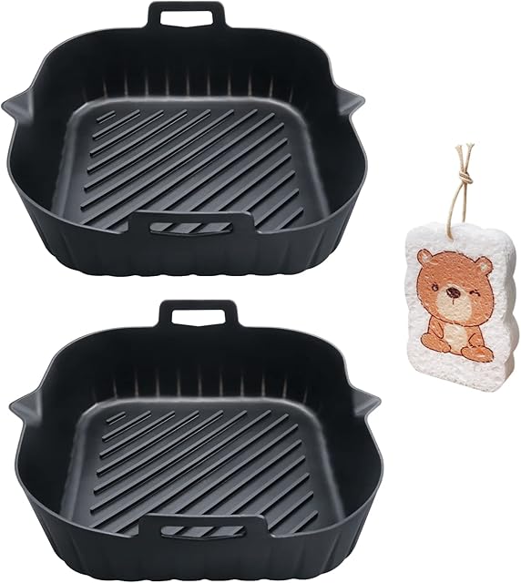 2Pcs Silicone Air Fryer Liner Reusable Air Fryer Basket Heat Resistant Non-Stick Food Tray Mats Bowl with Handle 8" Baking Pan Pot Silicone Rack for Air Fryer Oven Microwave Baking Roasting
