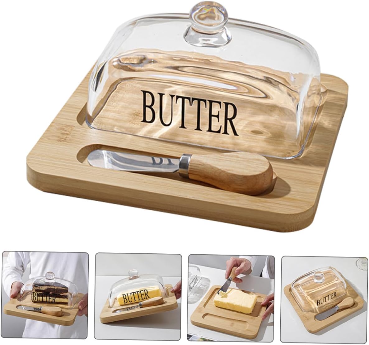 Butter Dish with Glass Dome Lid and Metal Cutter Square Clear Butter Holder Tray for Fresh Storage and Easy Cutting with Sealing Cover