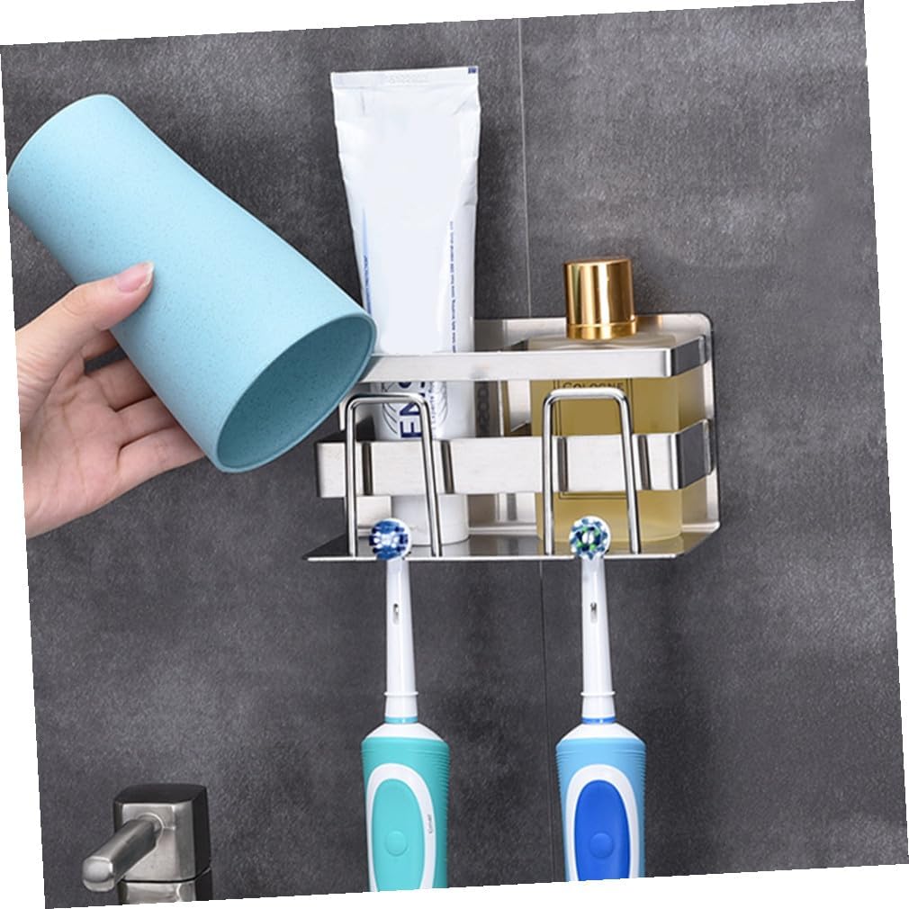 PRETYZOOM Toothbrush Rack for Bathroom Stainless Steel Toothpaste Rack Modern Metal Toothbrush Holder No Punching for Silver