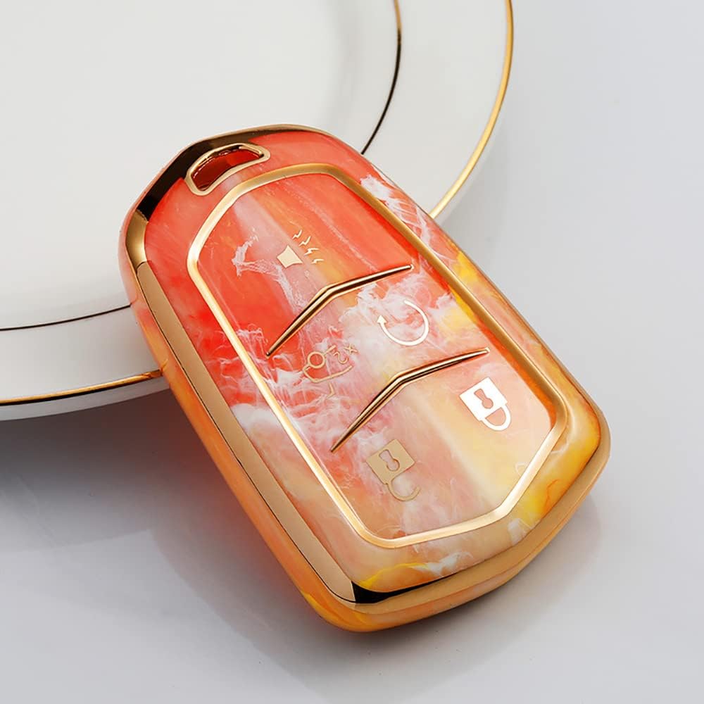 HIBEYO Key Fob Cover for Cadillac Escalade ATS CT6 CTS SRX XT4 XT5 XTS ATSL ESV Soft TPU Key Case Shell Keychain Accessories Smart Remote Auto Key Holder 5 Buttons-Orange