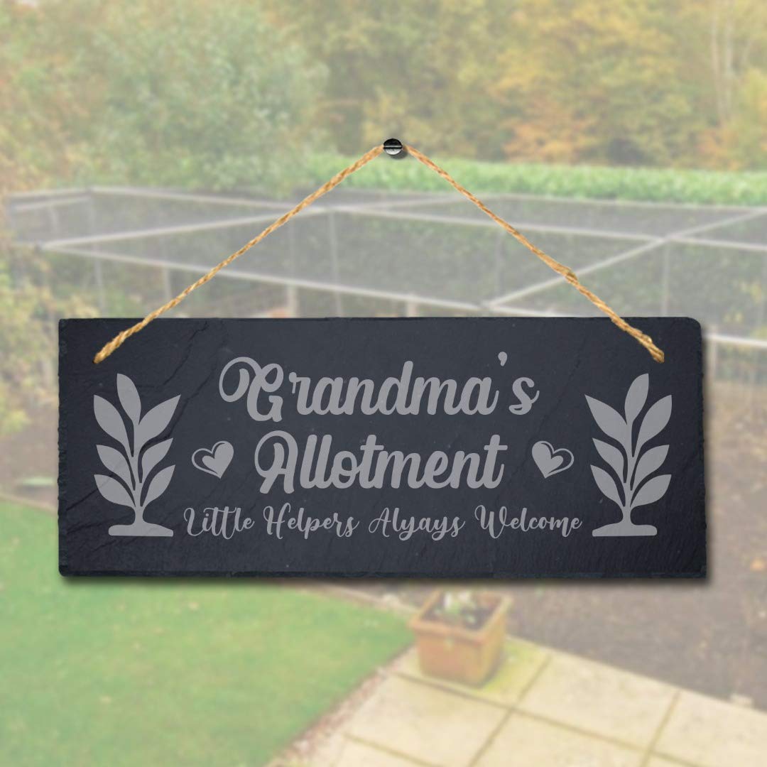 Stukk Grandma's Allotment Little Helper Always Welcome Hanging Garden Decor Sign, Natural Engraved Slate Stone Plaque, 30x12cm