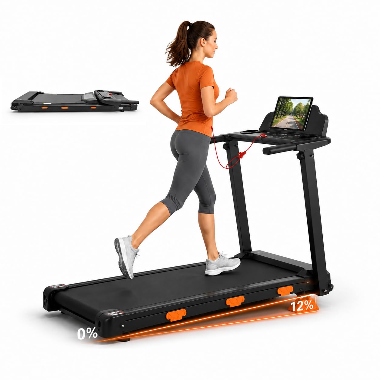 Tapis Roulant Salvaspazio con Inclinazione 12%, Walking Pad Pieghevole 12km/h, Tapis Roulant Elettrico Pieghevole per Casa, Motore Silenzioso 3.0HP, Display LED, Portata 138 kg