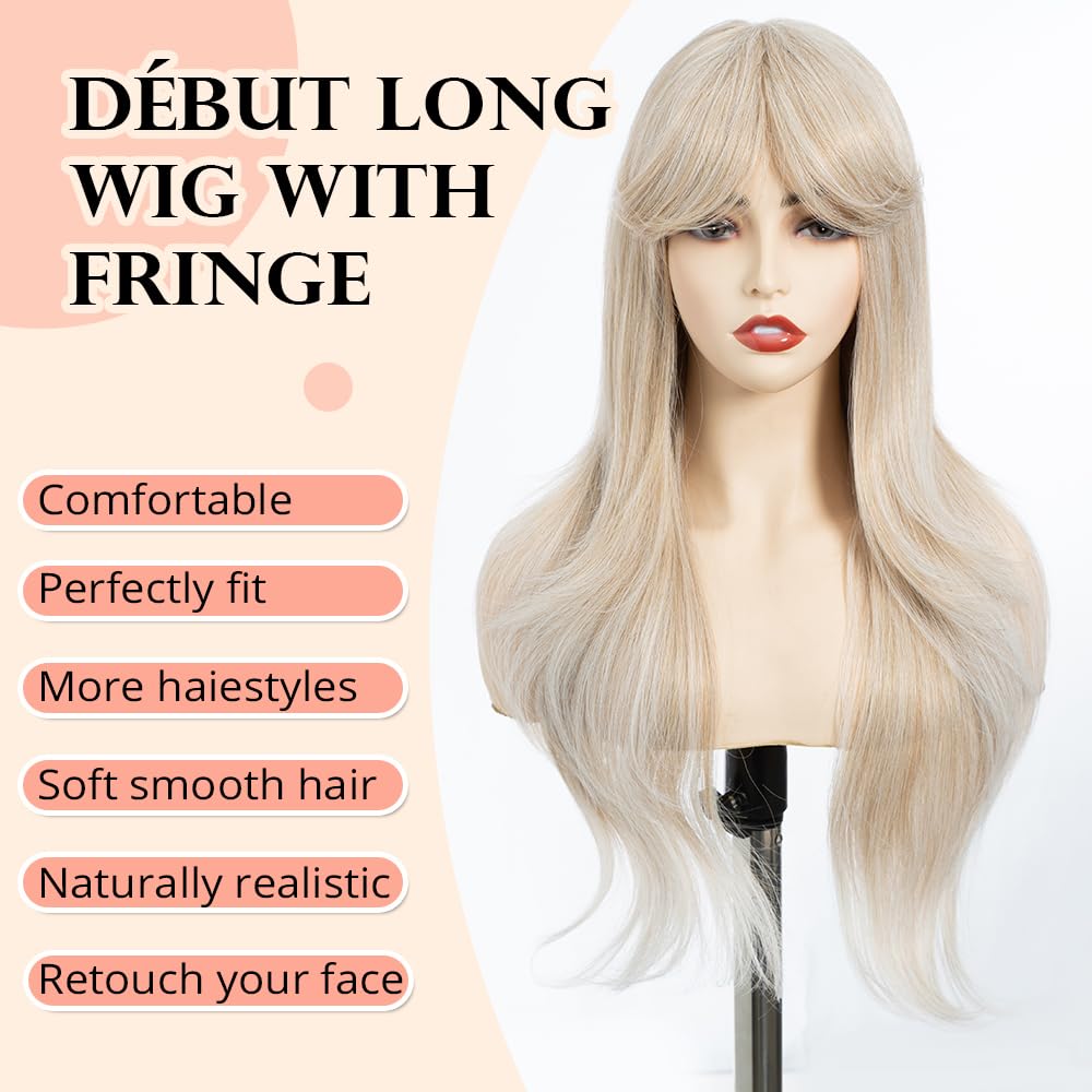 DÉBUT Long White Wig With Fringe for Women Heat Resistant Synthetic Layered Hair Wigs With Highlights for Daily Party Cosplay Use(26 inches - Image 2