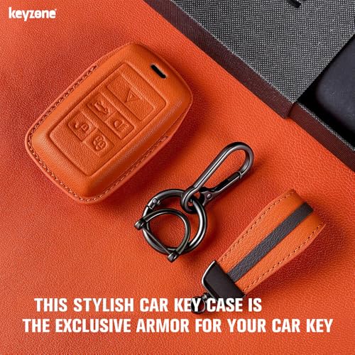 Image of Keyzone Royal Leather Key Cover for XF XJ XE F-PACE F-Type Evoque Velar Discovery LR4 Sport 5 Button smart Key (Sunburst Orange)
