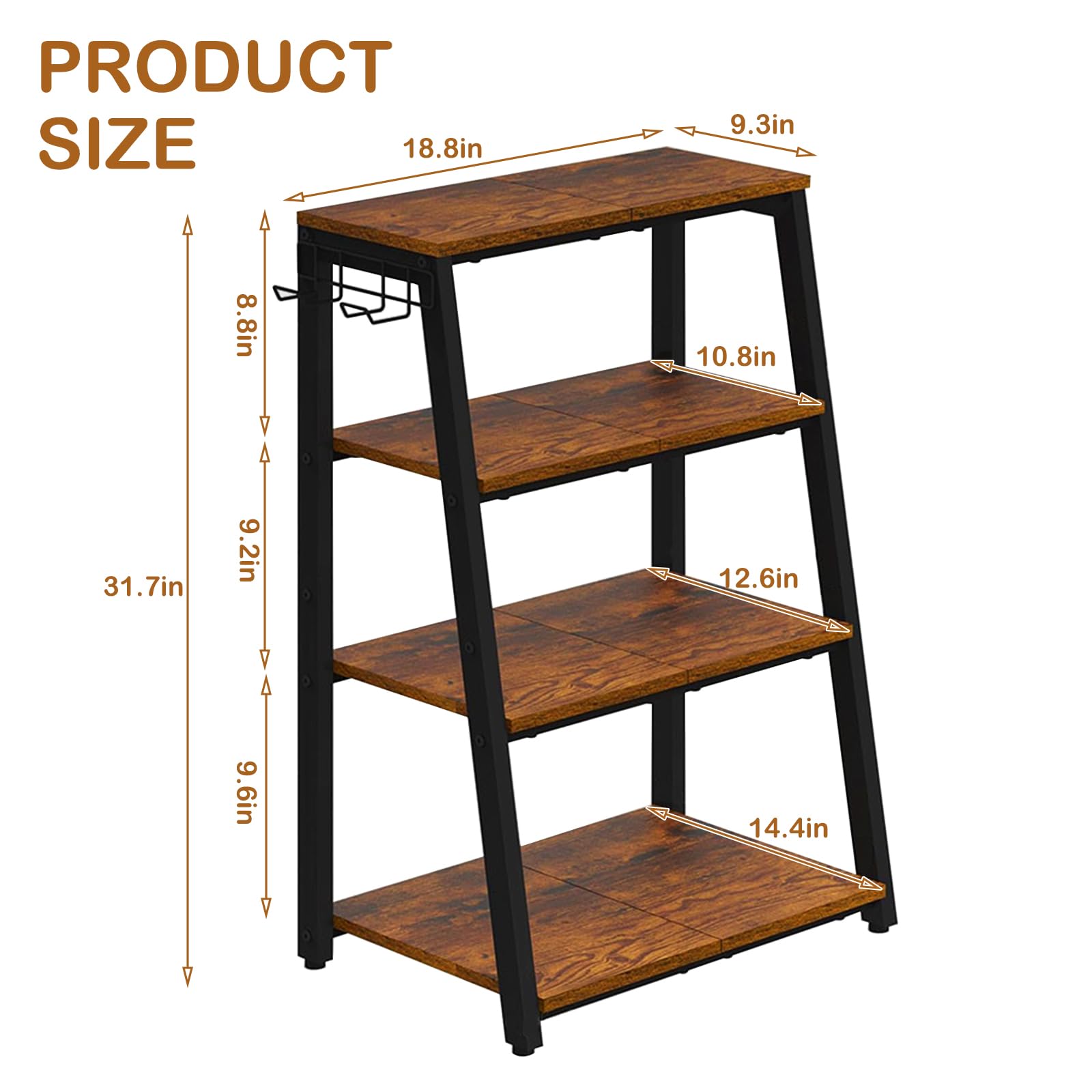 Estantería HiFi de 4 niveles de madera y acero para el hogar, con ganchos, estantería HiFi en forma de escalera con estantes para tocadiscos, equipos estéreos, equipos compactos y consolas de