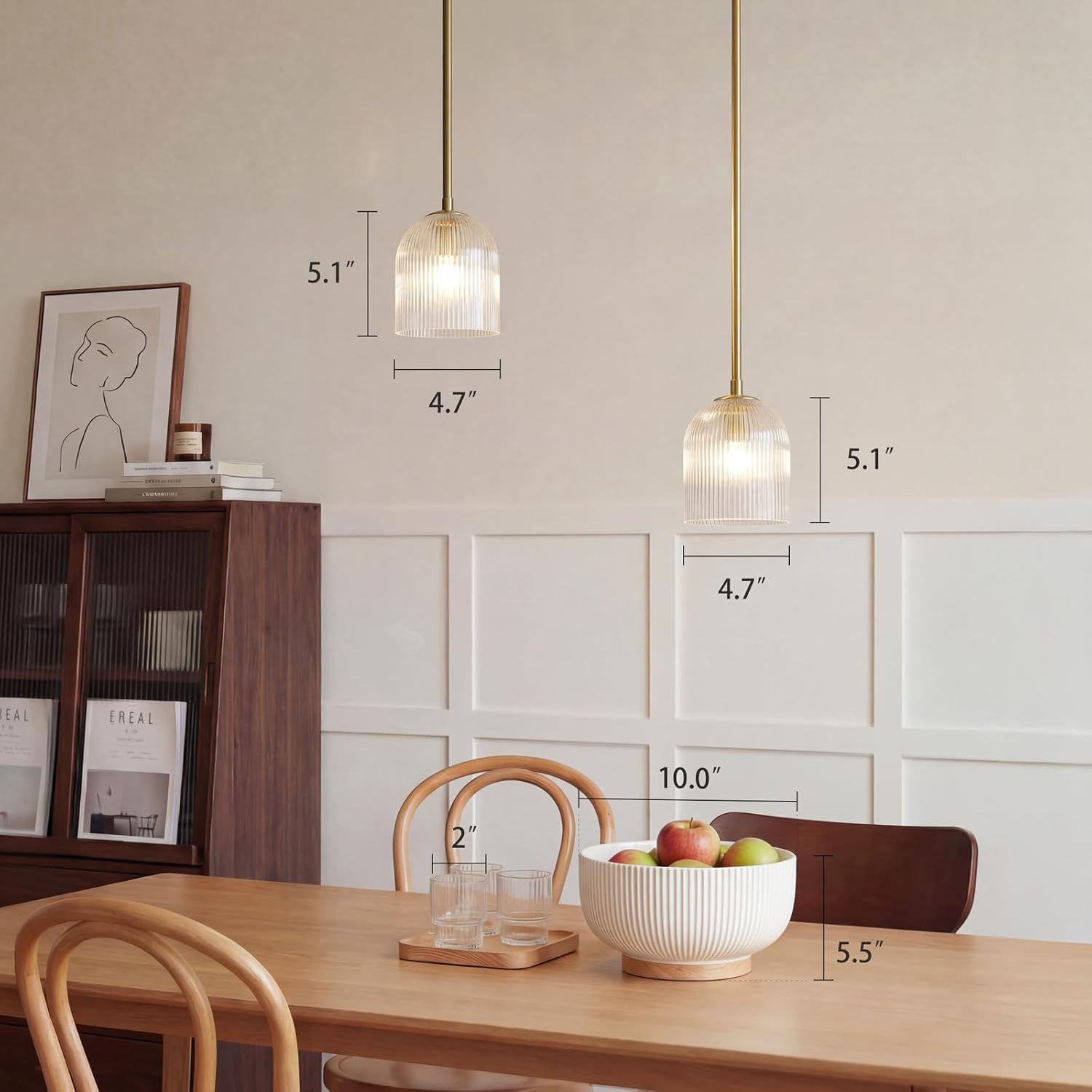 Ribbed Glass Pendant Light Fixture 5 Inch- Clear Vintage Industrial Shade, Adjustable Canopy for Sloped Ceilings, Kitchen Island Lighting, Dining Room & Home Decor Hanging (4.7" Dia x 5.1" H)