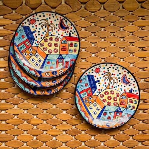 Image of ExclusiveLane 'The Hut' Hand-Painted Ceramic Quarter Plates Set of 4 Ceramic (Set of 4, 7 Inch, Microwave Safe) | Ceramic Plates for Serving Plate for Snacks Starter Plate Half Side Plates