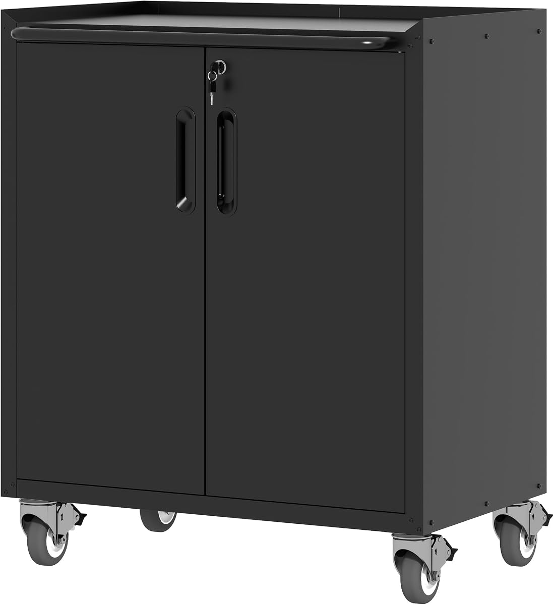 Gabinete de almacenamiento de metal para garaje, gabinete de herramientas, gabinete de servicios públicos | Gabinete para herramientas con ruedas, con ruedas, con cerradura, 2 puertas, estantes ajustables, encimera superior, requiere ensamblaje, negro