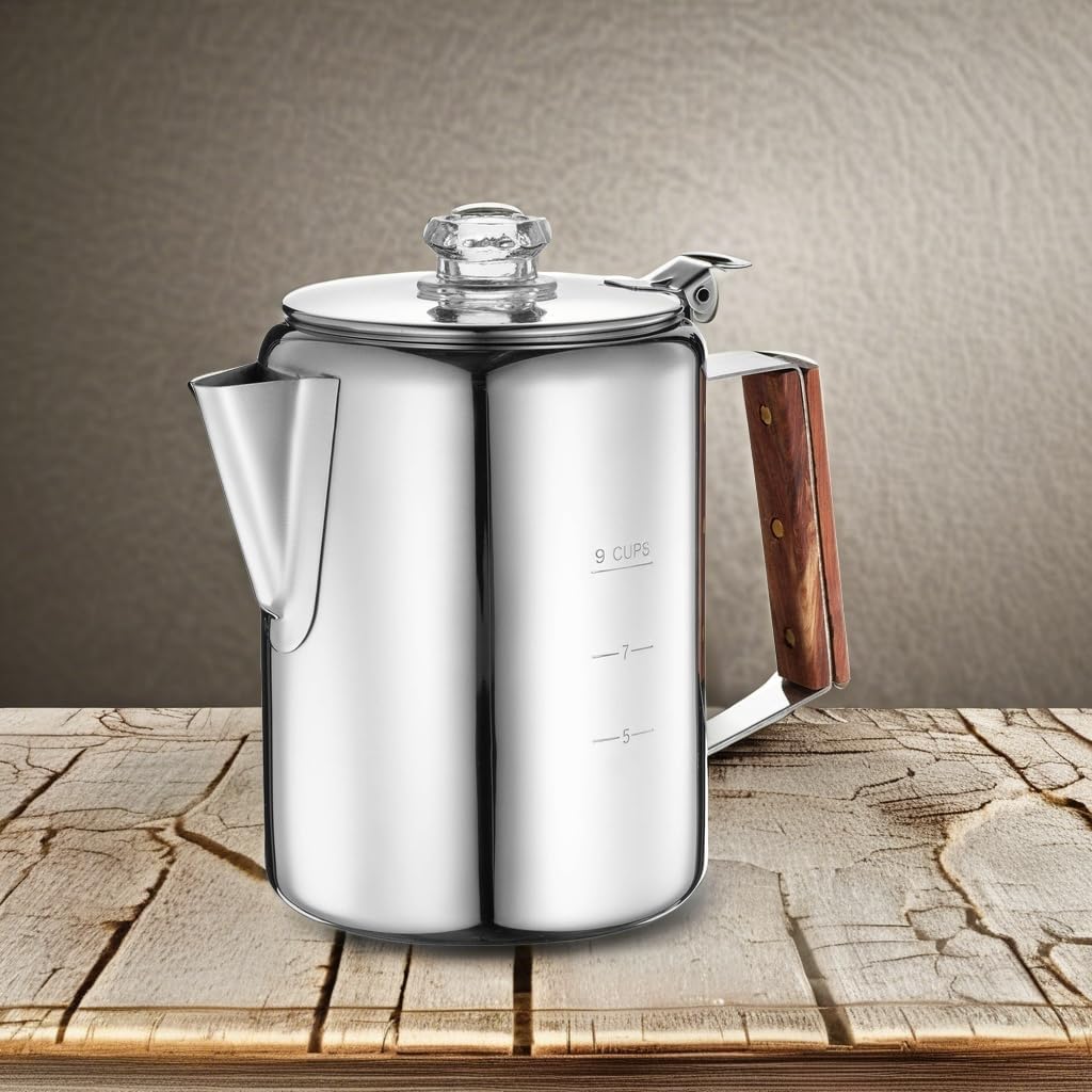 Eurolux Percolator Coffee Maker Pot - 9 Cups | Durable Stainless Steel Material | Brew Coffee On Fire, Grill or Stovetop | No Electricity, No Bad Plastic Taste | Ideal for Home, Camping & Travel