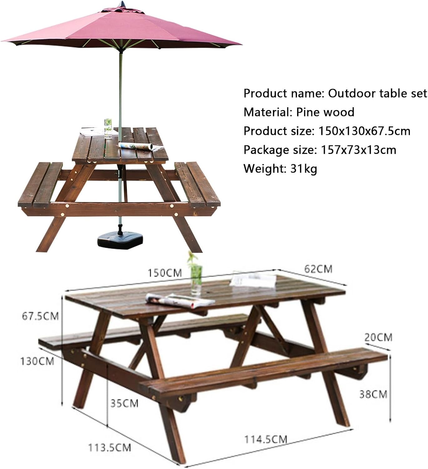 Solid Wood Picnic Table, Outdoor Camping Dining Tables with Benches 150cm Wooden Patio Table Bench Set with Umbrella Hole for Backyard Garden Lawn