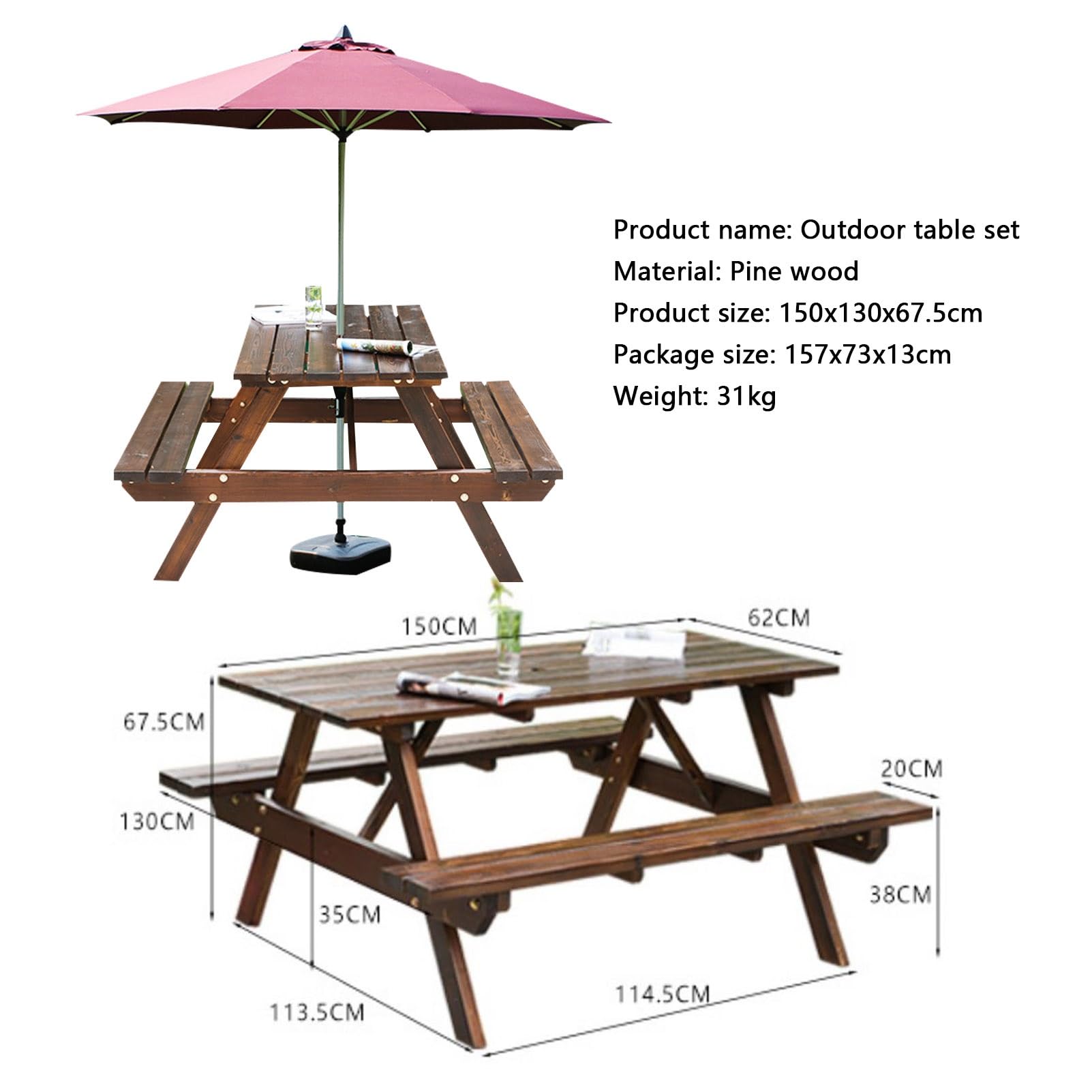 Tavolo da picnic in legno massello, tavolo da pranzo da 150 cm, con panche e foro per ombrellone, ideale per campeggio, cortile, giardino e raduni sul prato