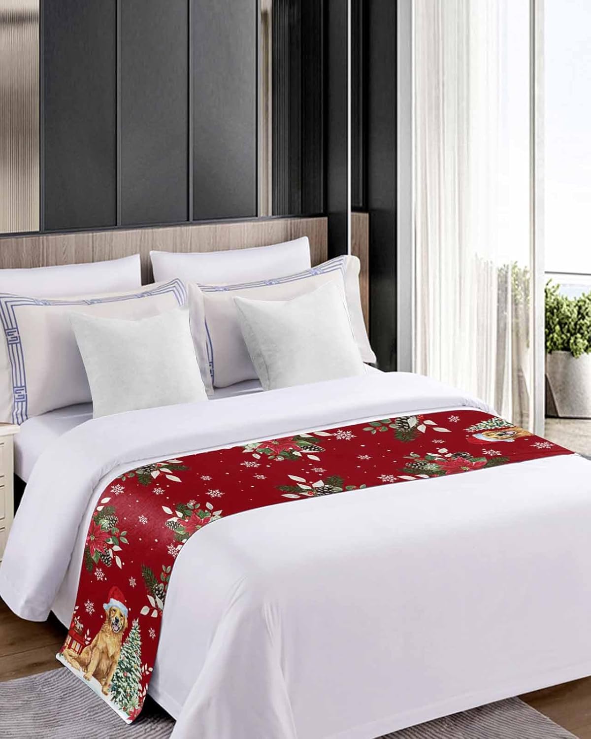 Christmas Bed Runner Scarf Christmas Flowers Dog Xmas Tree Red Background Bedding Scarf Decorative Bed Runners Cover for Home Bedroom Hotel Wedding Room Bed Scarf for Foot of Bed Queen 83x20in