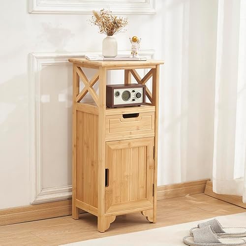 Miniatura 4 de Mesa auxiliar de bambú totalmente montada de 30 pulgadas de alto, gabinete de piso de baño premontado, mesita de noche alta para dormitorio