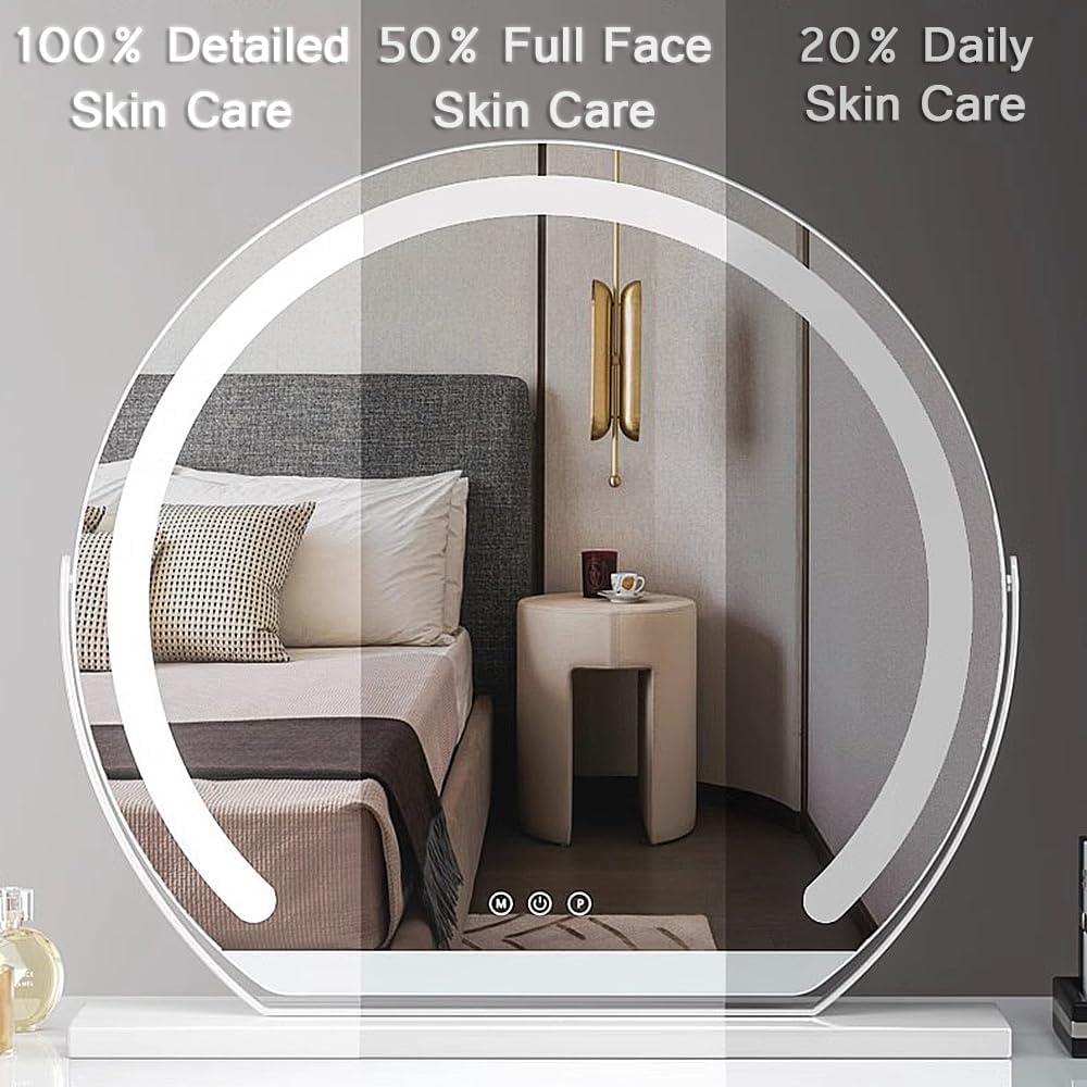 Mirror Dressing Table, 360° Rotation Makeup Mirror Led, Tabletop Makeup Mirror with Touch Screen Dimmable, Hollywood Vanity Round Mirror with Memory Function and 3 Color Temperature