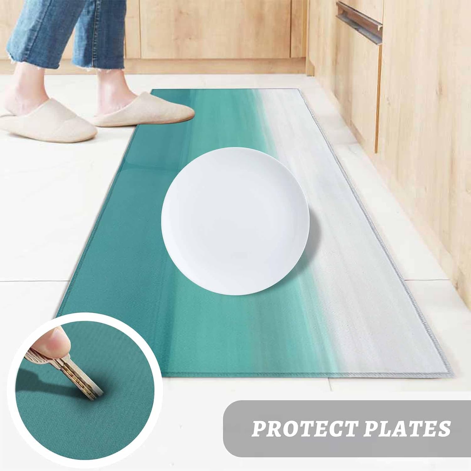 Kitchen Mats for Floor Retro Modern Teal Gray Ombre Washable Non Slip Kitchen Rugs 1PCS, Abstract Color Gradient Art Absorbent Standing Mats for Sink Bathroom Office Living Room 23.6x70.9in