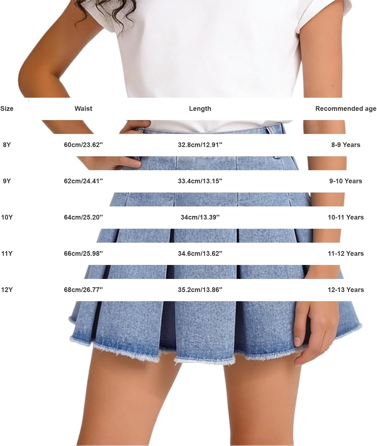 Girls Denim Pleated Skirt Summer Elastic Waist Casual A Line School Uniform Jean Skirts Teen Baggy Washed Flowy Stretch