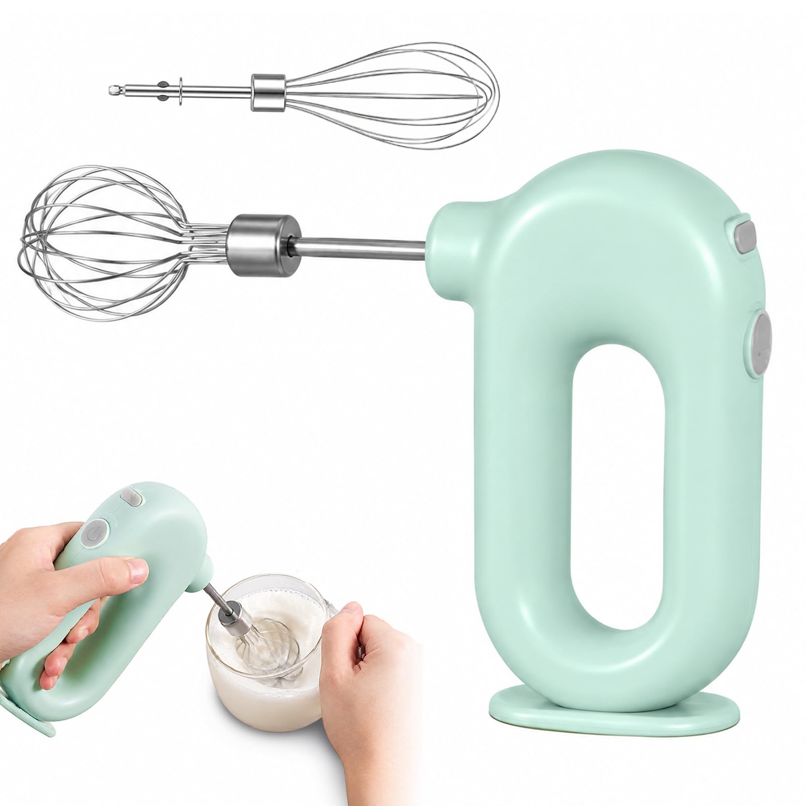 Elektrischer Schneebesen - Grün Handmixer Kabellos,Schneebesen Elektrisch,USB Mini Handmixer Akku mit 2 Schneebesenaufsätzen für Küche Backzubehör Sahne Schlagen