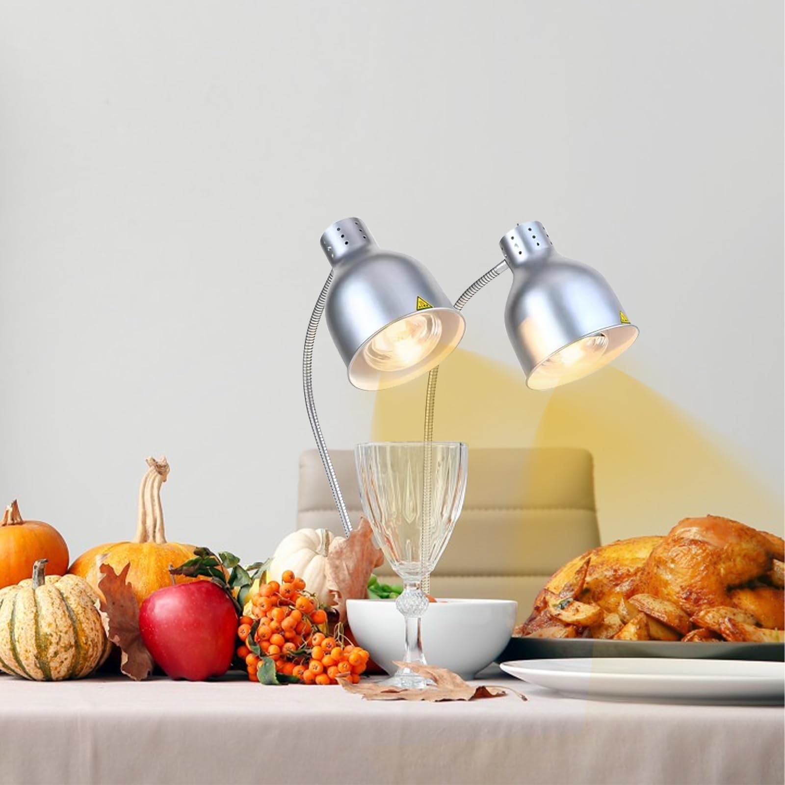 Lampe chauffante de cuisine - 250 W - Lampe infrarouge - Double tête - Autonome - Pour buffets, salle à manger, hôtels, commerciaux, maintien au chaud - Argenté
