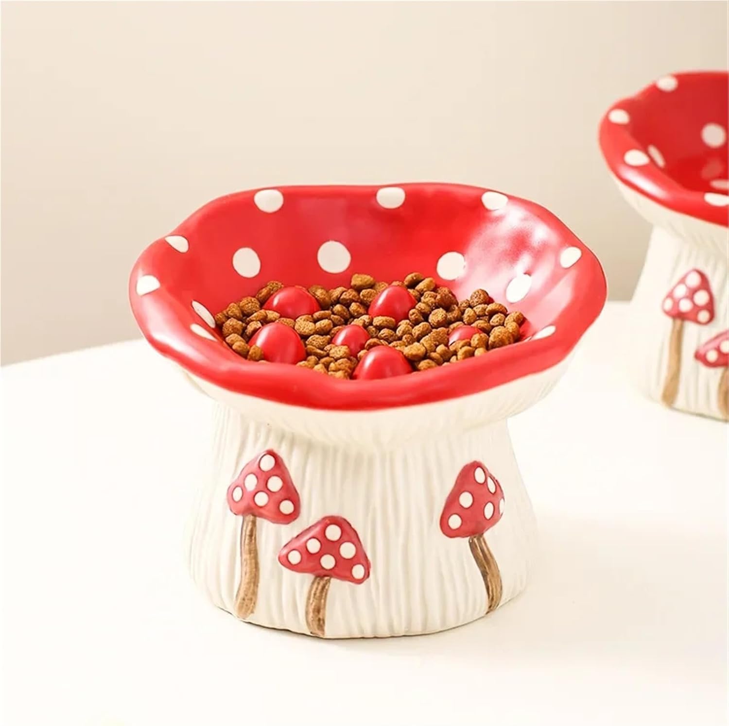 Cute Mushroom Elevated Ceramic Cat Bowl, Raised Wide Shallow Food Water Feeder for Kittens Cats(Slow Feeder)