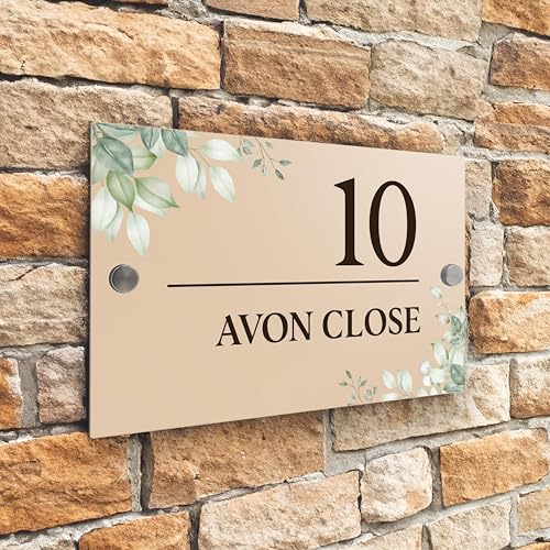 Badgemaster Modern Desert Beige House Number Sign Plaque Stainless Steel Standoffs 20cm x 13cm Green Flowers