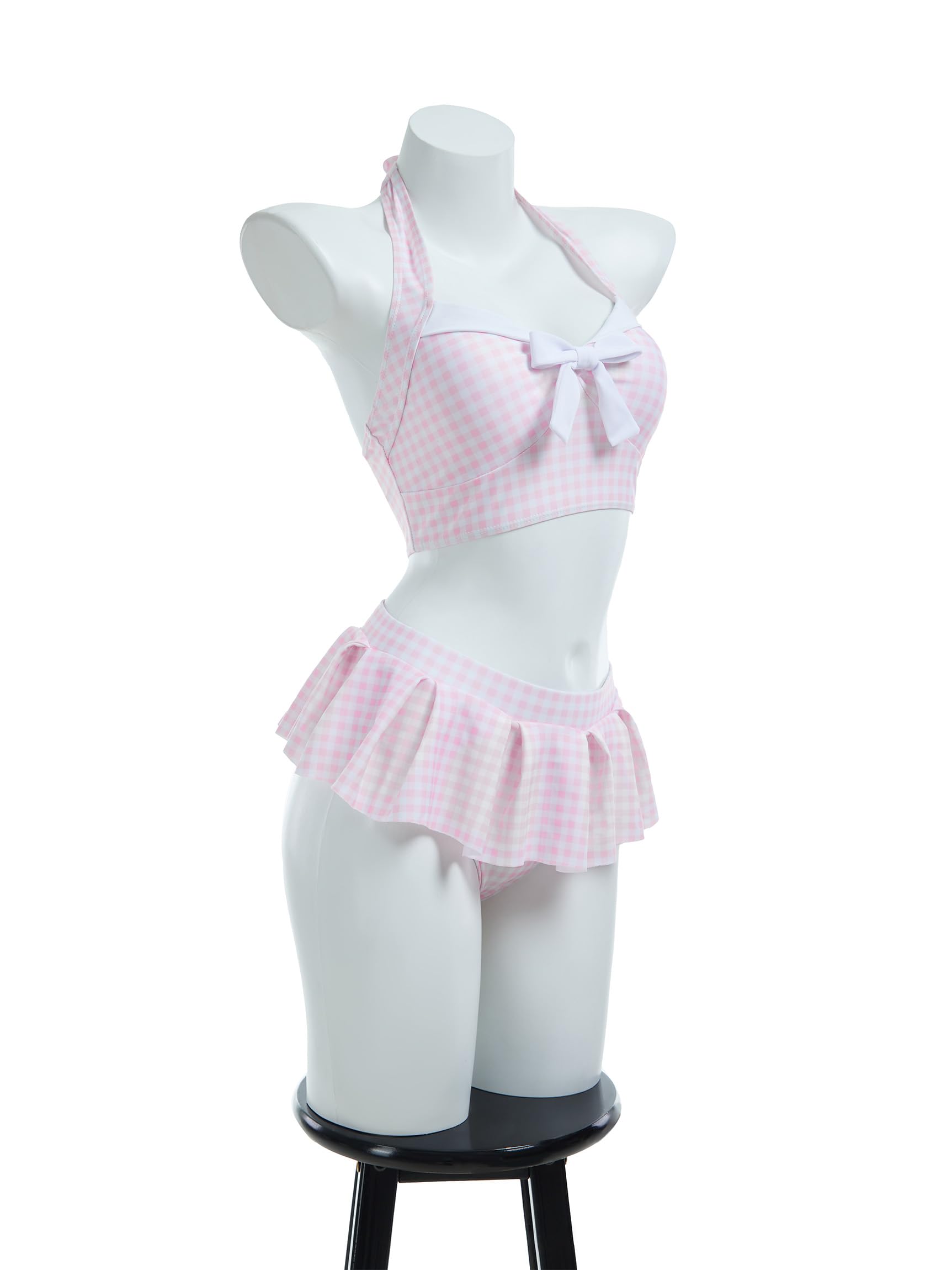 daizbella Women's Bikini Sets 50's Retro Vintage High Waist Plaid Self-Halter Bathing Suit with Headband