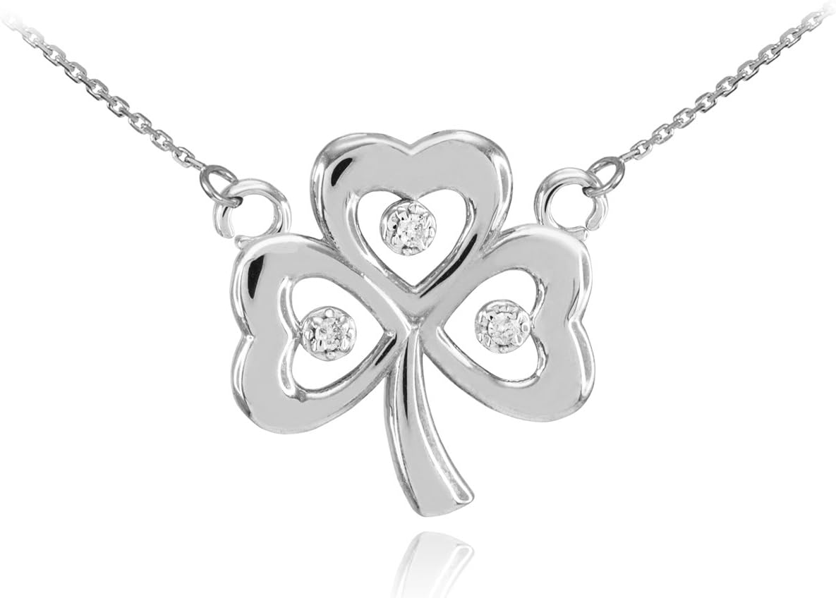 14k White Gold Shamrock Charm Three Diamond Clover Leaf Pendant Necklace