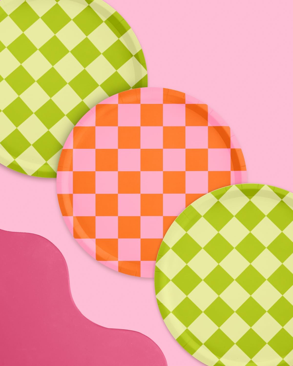 xo, Fetti Pink + Green Checkered Paper Plates - 24 pk, 9" | Bachelorette Fiesta Decorations, Cute Birthday Party Tablescape, Retro Summer Tableware Supplies, Cinco de Mayo Place Setting, 21st Bday - Image 5