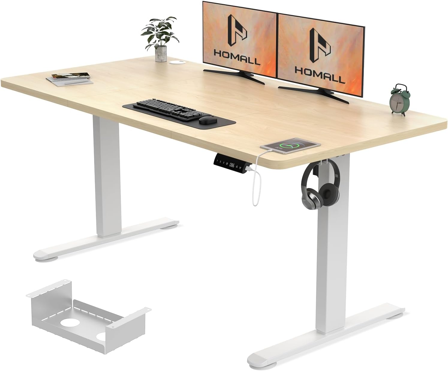 Homall Height Adjustable Electric Standing Desk 140x70cm with USB Charging Sit Stand Desk with Time Reminder Stand up Table 3 Memory Setting Electric Desks Wire Management Tray,Beige