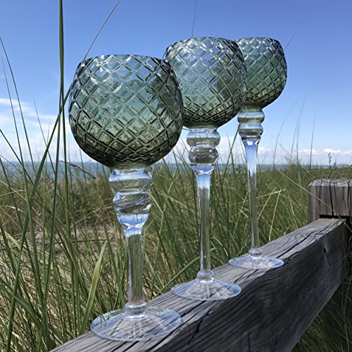 Spectacular Cape Cod Long Stem Candle Holders, Set Of 3, Quilted Deep Green And Clear Glass, 5 Inch Candle Cup For Votive Candles, 15 3/4, 13 3/4 And 11 3/4 Inches Tall, By Whole House Worlds #TOP2