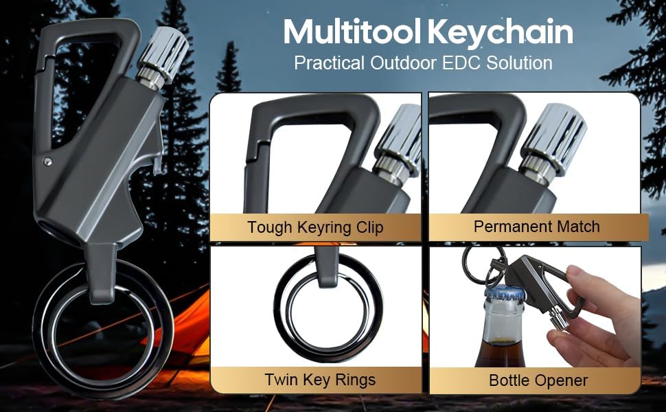 2 pack permanent match infinity lighter, permanent match infinity lighter with multitool keychain bottle opener, reusable infinity lighter keychain for survival, camping, hiking, edc