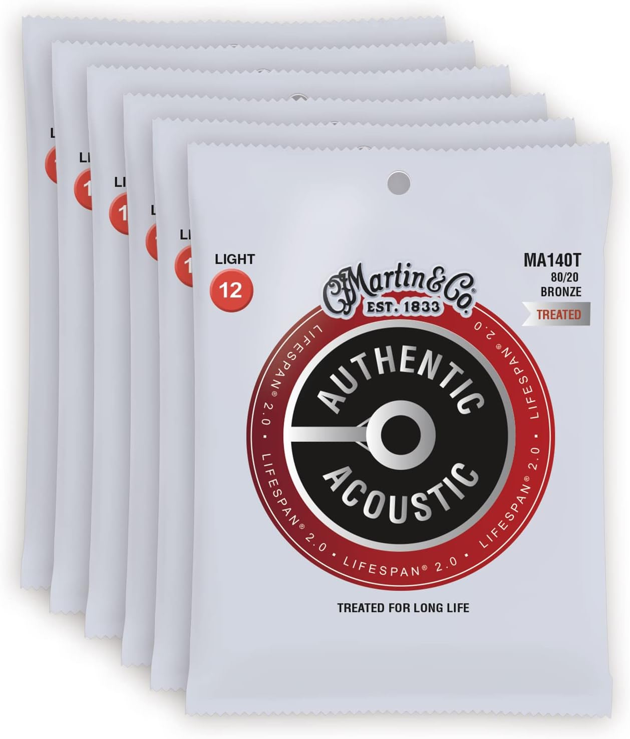 Martin MA140T Authentic Acoustic Lifespan 2.0 80/20 Bronze Light 12-54 (6-Pack Bundle)