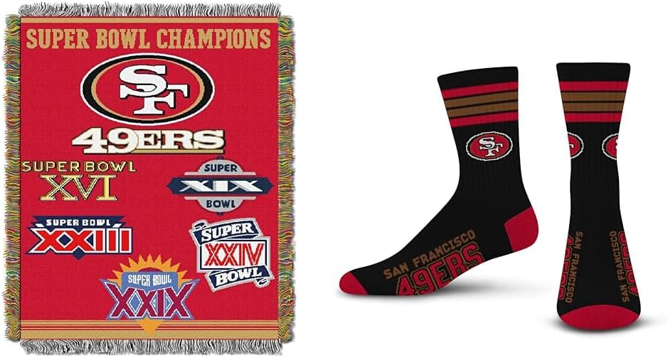 Northwest Company NFL San Francisco 49ers Woven Tapestry Throw Blanket, 48" x 60", Commemorative & for Bare Feet NFL 4 Stripe Deuce Crew Sock, San Francisco 49ers, Large