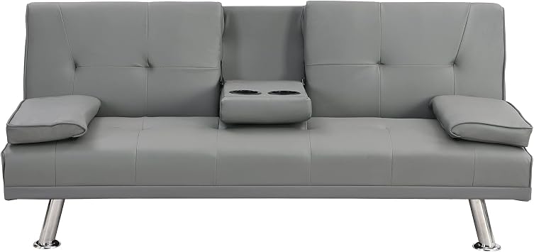 Faux Leather Upholstered Modern Convertible Folding Futon Sofa Bed for Compact Living Space, Apartment, Dorm, Bonus Room w/Removable Armrests,2 Cupholders - Metal Legs PU Gray