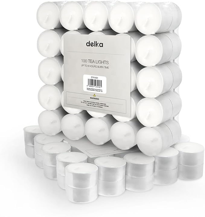 delka Unscented Tea Lights White- Long-Lasting 8 Hour Burn Time-Smoke-Free Bright Flame -Ideal for Weddings, Events, Aromatherapy, Home Décor, and Emergency Use-Premium Quality (White, Pack of 100)