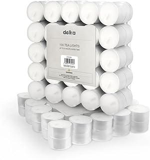 delka Unscented Tea Lights White- Long-Lasting 8 Hour Burn Time-Smoke-Free Bright Flame -Ideal for Weddings, Events, Aromatherapy, Home Décor, and Emergency Use-Premium Quality (White, Pack of 100)