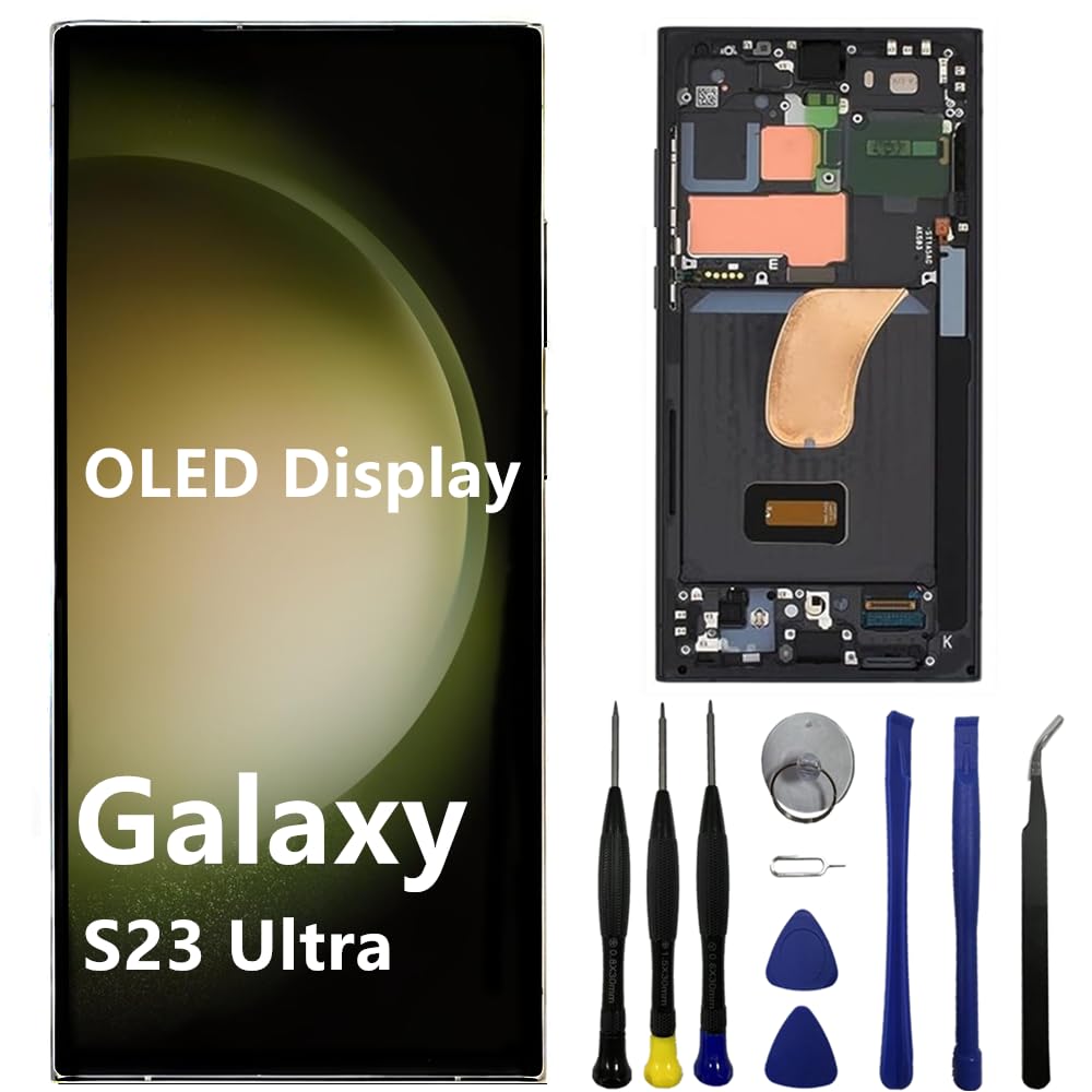 OLED for Samsung Galaxy S23 Ultra Screen Replacement S23ultra 5G S918U S918B/DS S918U1 S918W S918E LCD Display Touch Screen Digitizer Assembly Support Fingerprint and S-Pen (with Black Frame+Tools)