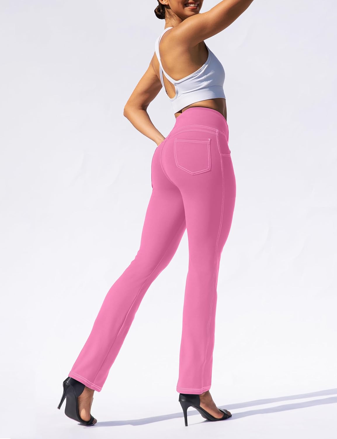 VOOVEEYA Womens Straight Leg Leggings, High Waisted Yoga Pants with Pockets Tummy Control Bootcut Casual Dress Pants