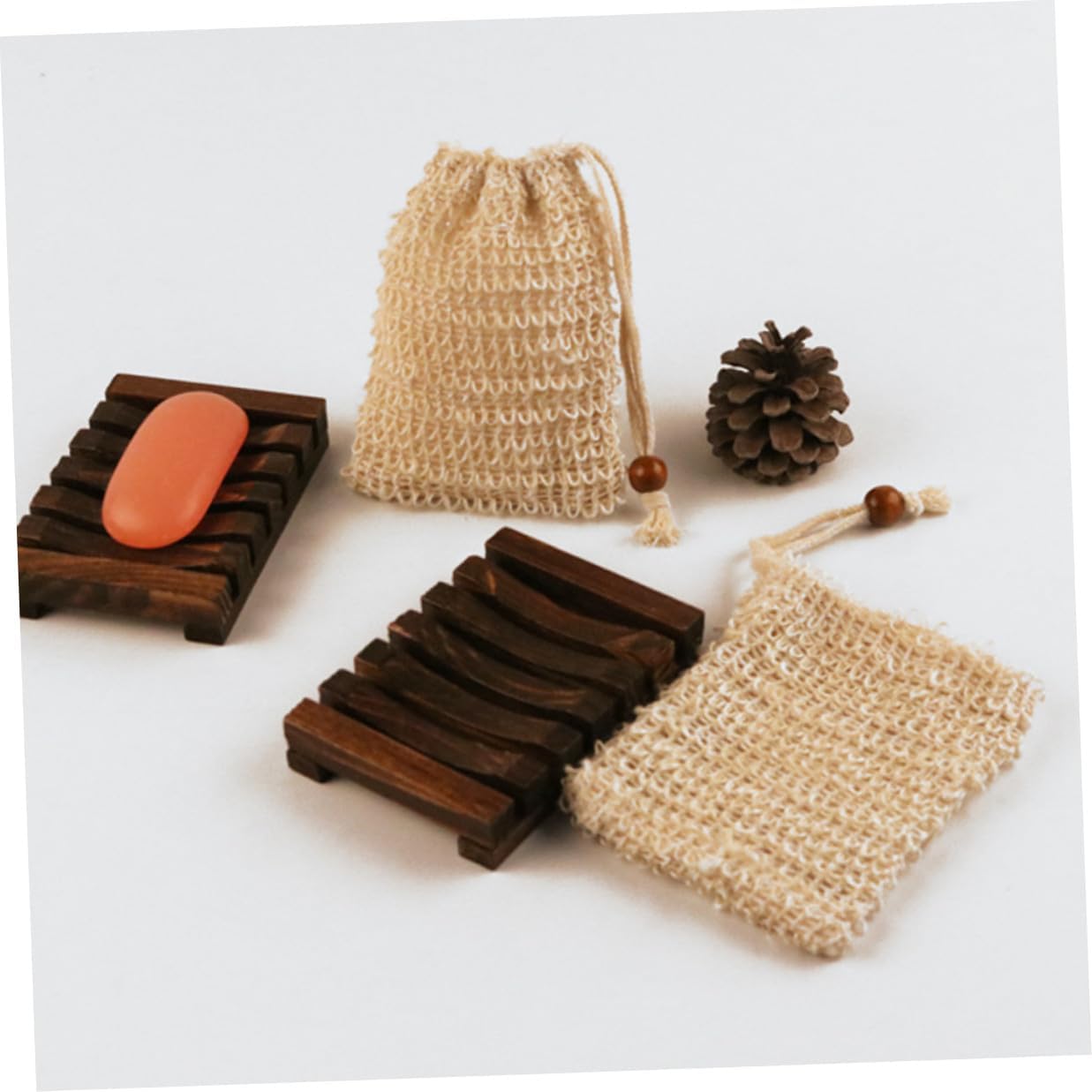 Linen Bubble Making Net Soap Bag Wooden Rack for Bathroom image 4