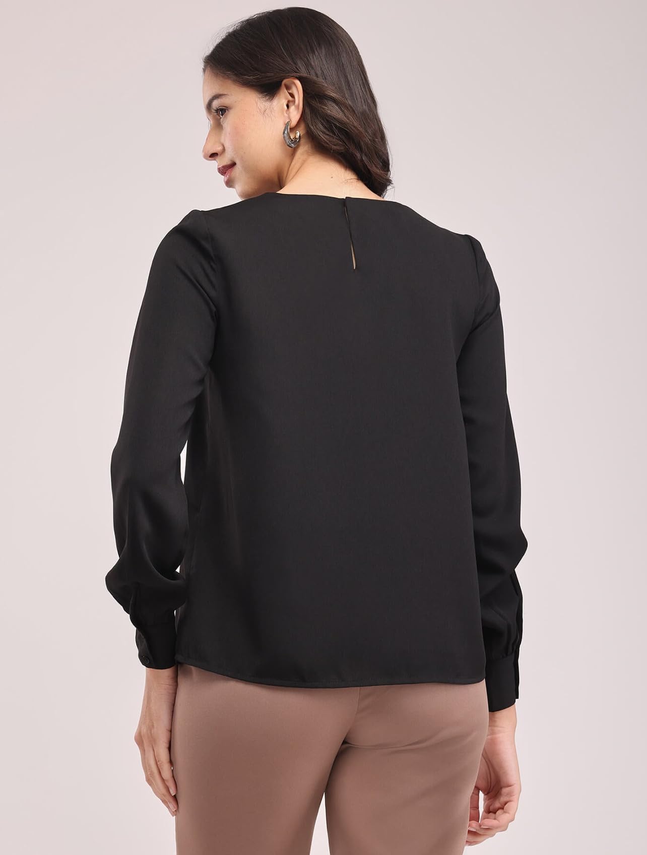 Classic Crew Neck Front Pleat Detail Women Top with Full Sleeves, Gathered Cuff and Pull on Regular - Image 2 thumbnail