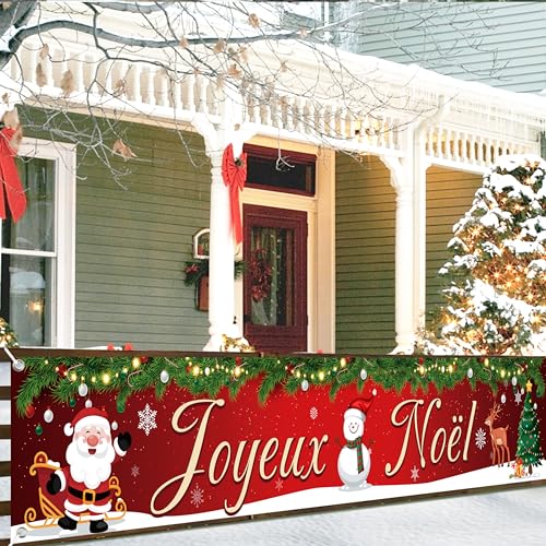 Joyeux Noël Décoration Bannière, Grande Bannière de Noël Déco pour Intérieur Exterieur, Hiver Décoration pour la Fête du Nouvel An, 300 * 50cm (Français-Rouge1)