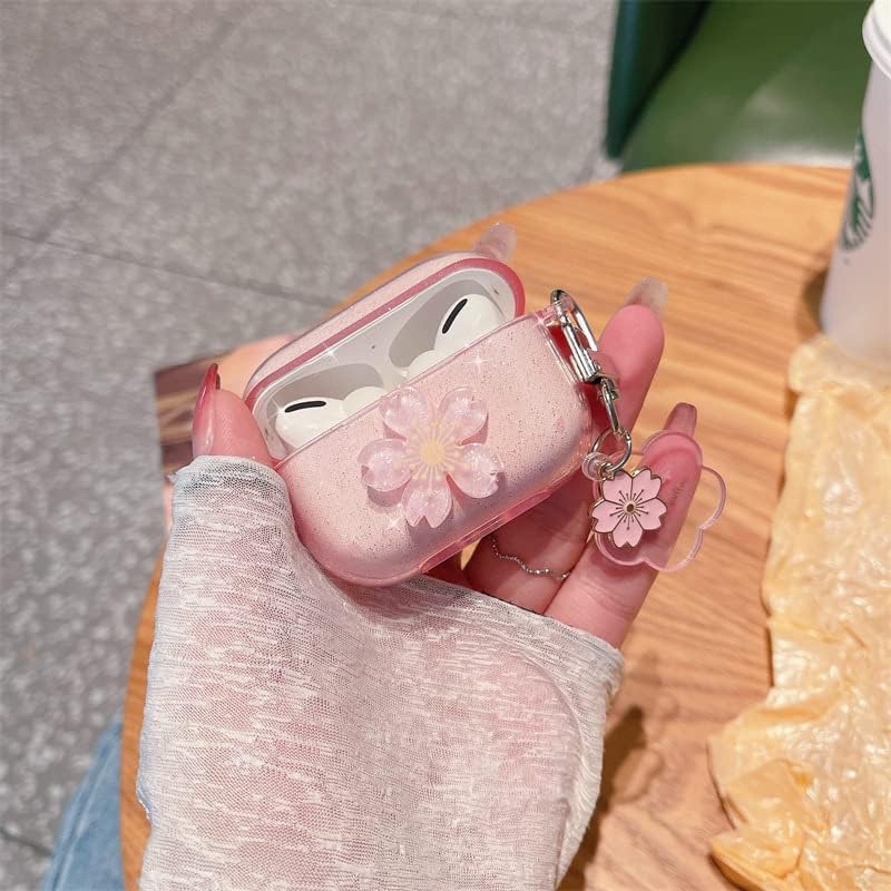 Miniatura 2 de Funda con diseño de flor de cerezo para AirPod Pro de 2 generación con bonito llavero floral, bonito y brillante, TPU suave, a prueba de golpes,