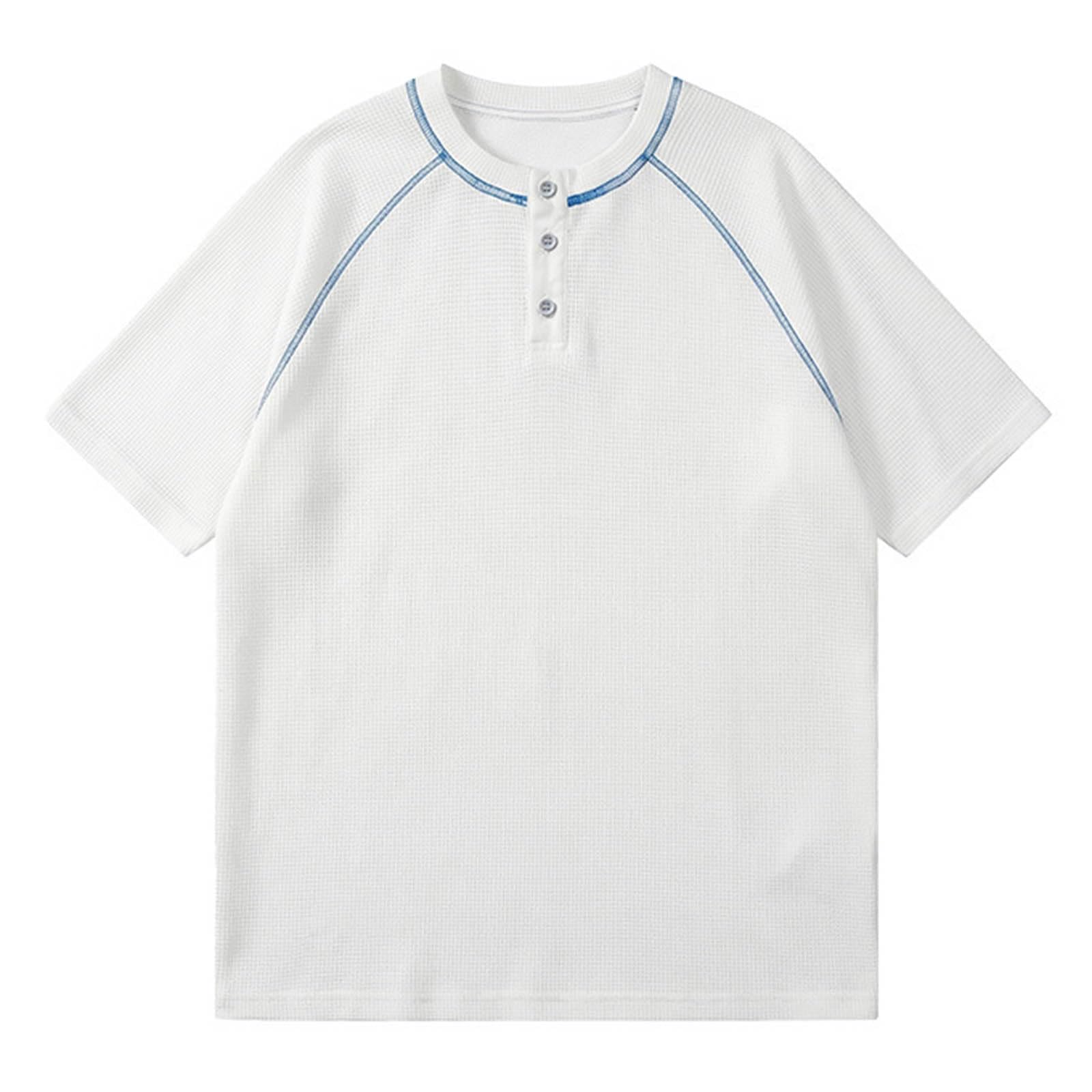 T-Shirt Homme Haut Tee Manches Courtes Coton Tricot nid dabeille Stretch délavé élastique Ultra Doux Soyeux Ample Moulant Slim Regular col Haut 3 Boutons pour été Fitness extérieur Loisirs