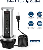 Vista 5 de BTU Pop Up Outlet for Countertop, Receptacle Power Strip with USB C & 4 AC Outlet, Pull Popup Outlet Recessed Power Socket with 10W Wireless Charger