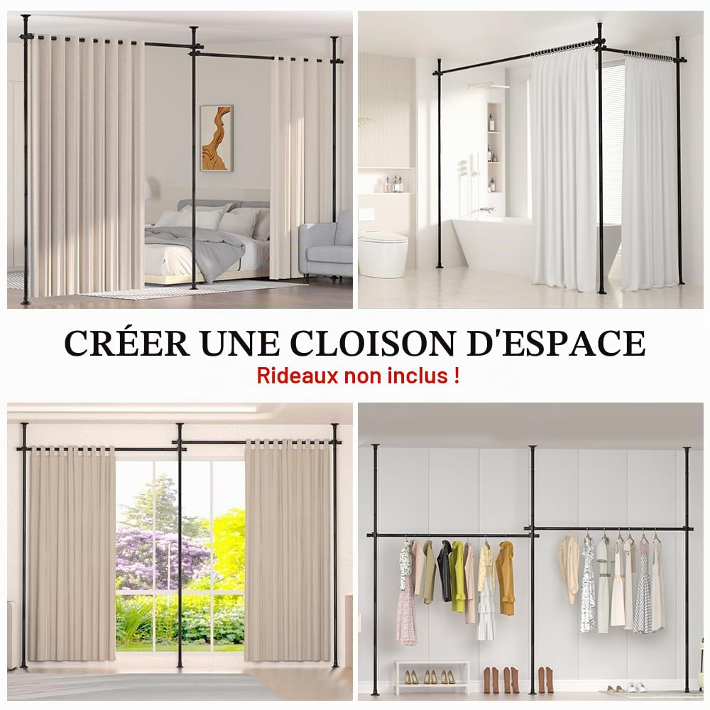KELIXU Tringle à rideaux de séparation de pièce, sans perçage, 71,1 à 365,8 cm de large x 1,2 à 3 m de haut, séparateur de sol au plafond, support de tension vertical