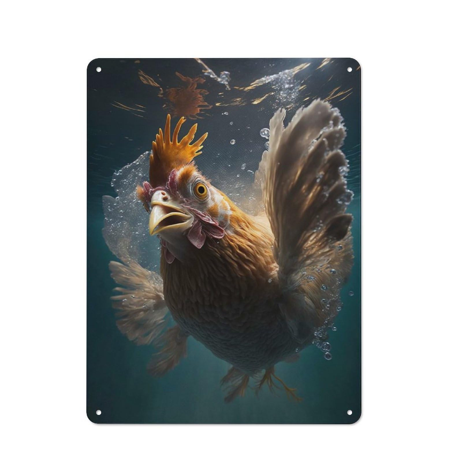 Decorative Metal Plaque with Underwater Chicken Design 40x30cm, Modern Retro Studio Wall Art for Workspace, Cafe, Hallway Or Garage