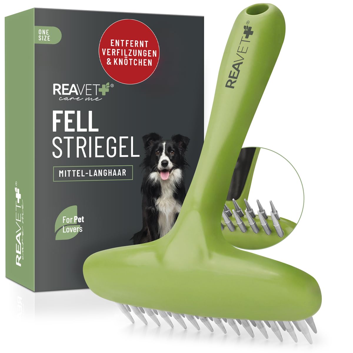 ReaVET Peine de pelaje para perros y gatos de pelo largo, desenredador con dientes redondeados, elimina nudos y enredos, alisa y desenreda el pelo