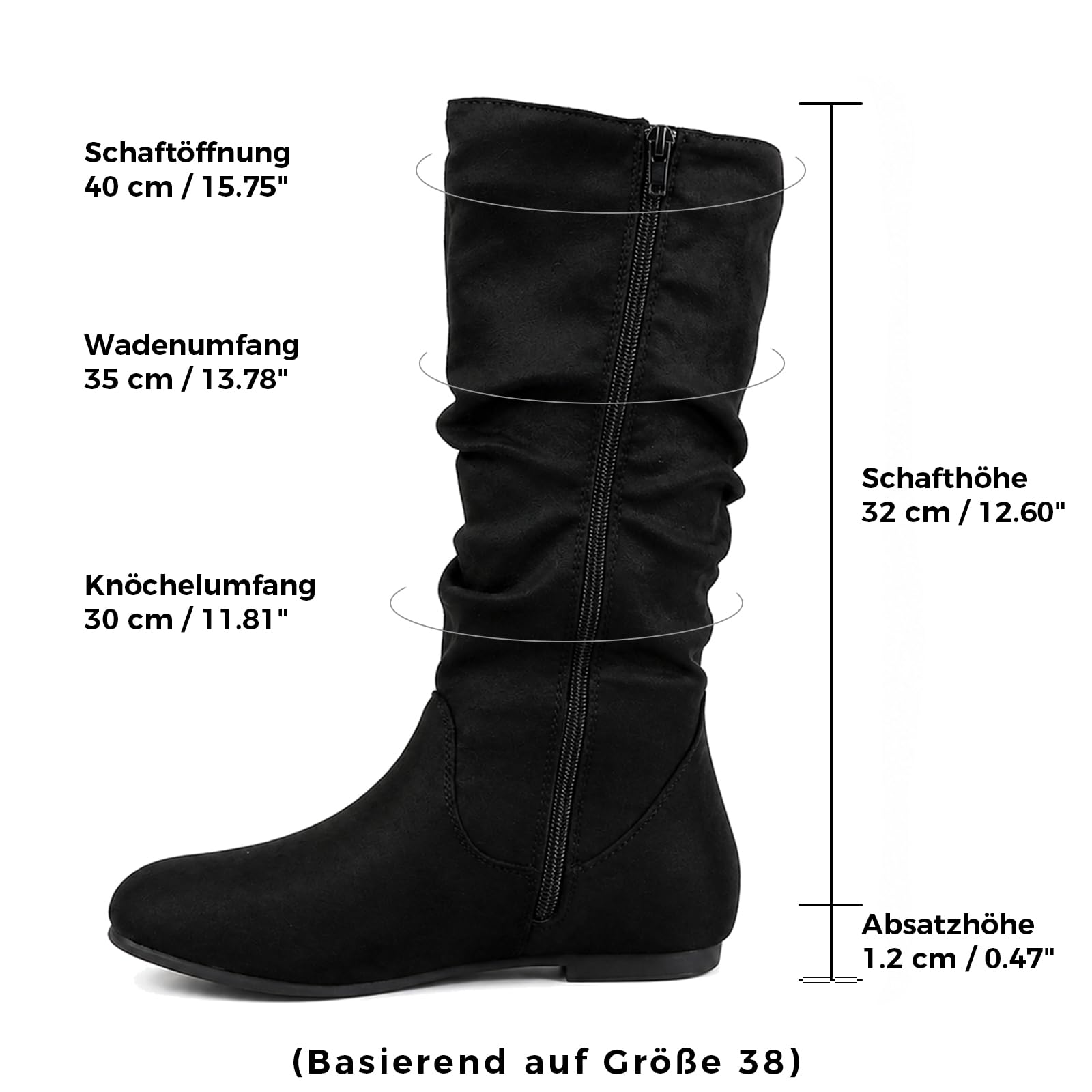 Stiefel Damen Wildlederoptik Slouchy-Stiefel Midihochschaft Flachabsatz mit Seitereißverschluss Alltag Freizeit 36-43 EU